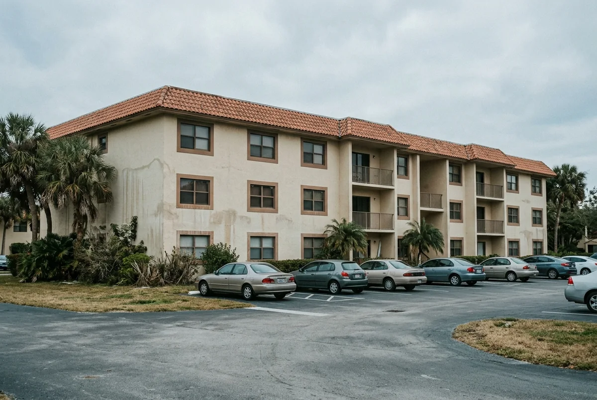 A dated three-story garden-style apartment building with a tile roof and a full parking lot