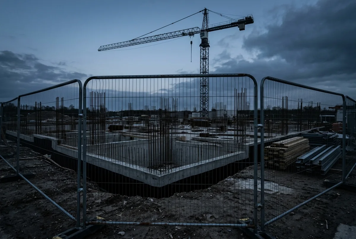 An early-stage construction site at dusk: bare foundations, rebar and a tower crane behind site fencing