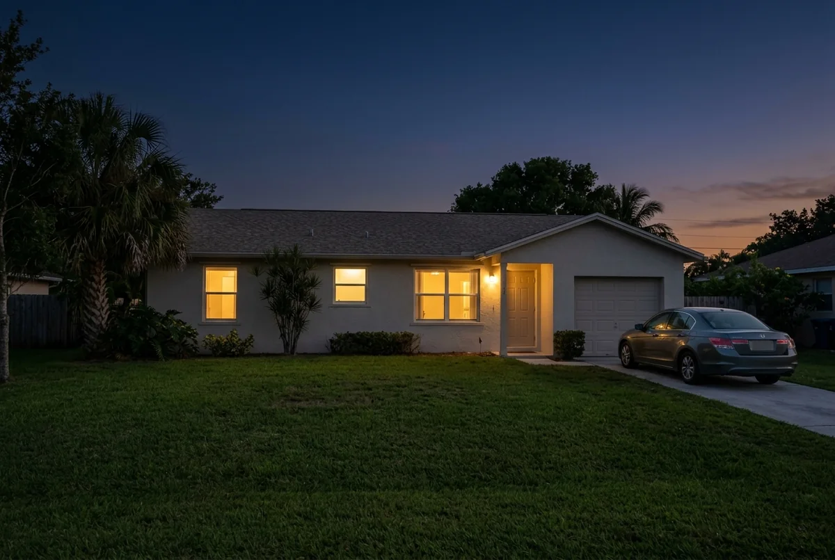 A single-story rental house at dusk with warm light in the windows