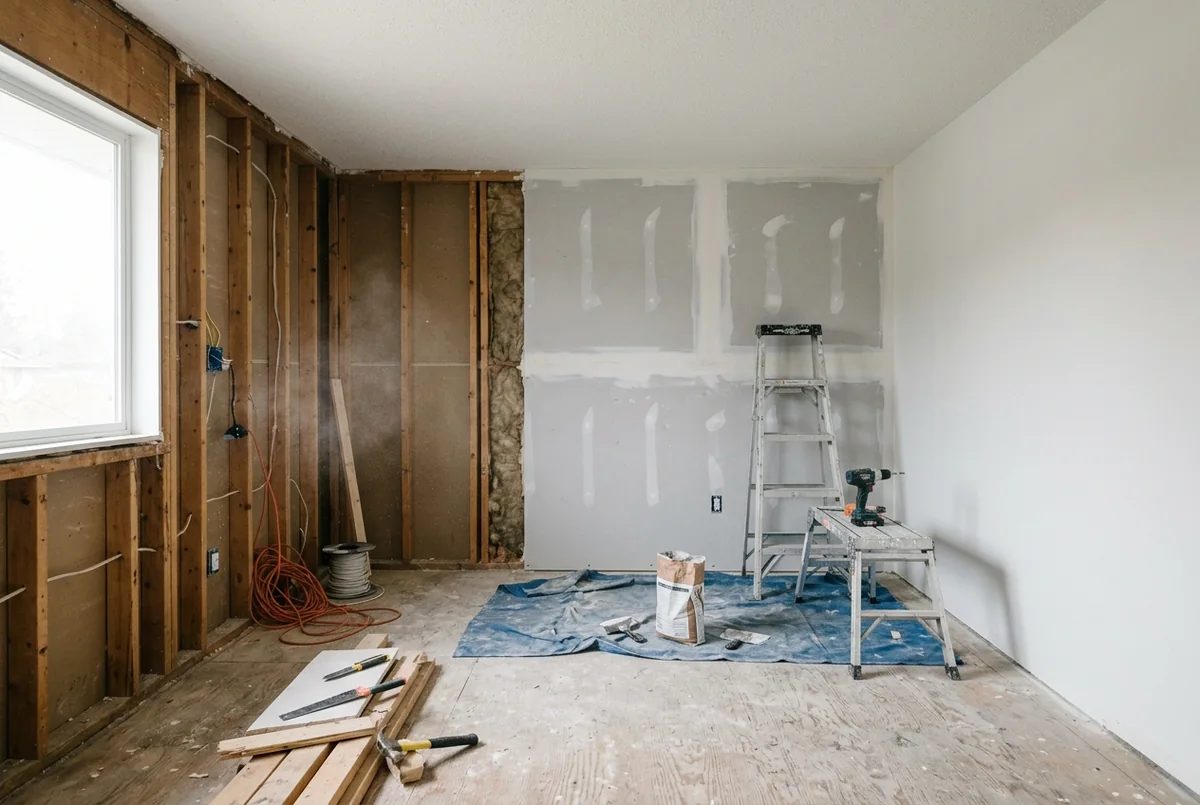 A room mid-renovation: one wall stripped to the studs, the opposite wall freshly drywalled