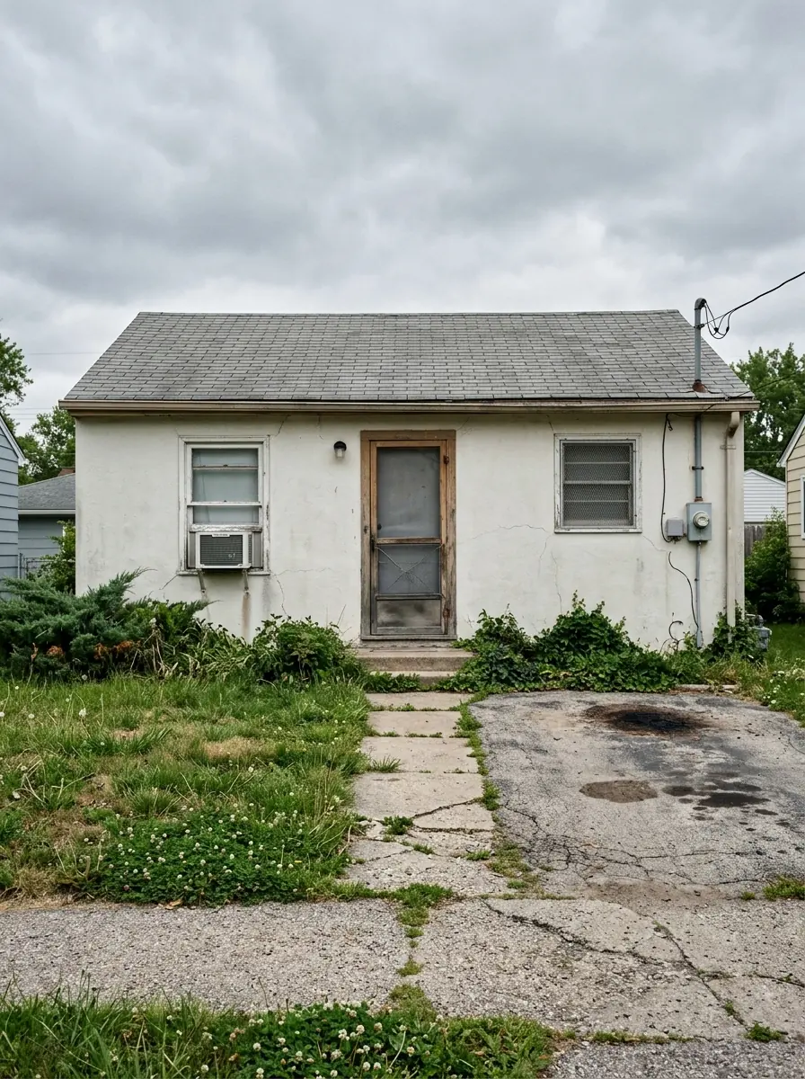 A tired but sound single-story rental house with a window air-conditioning unit, overgrown grass and a cracked walkway